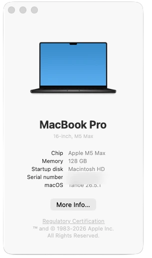 The About This Mac window showing the model, chip, Memory of 128 GB, startup disk, and macOS version