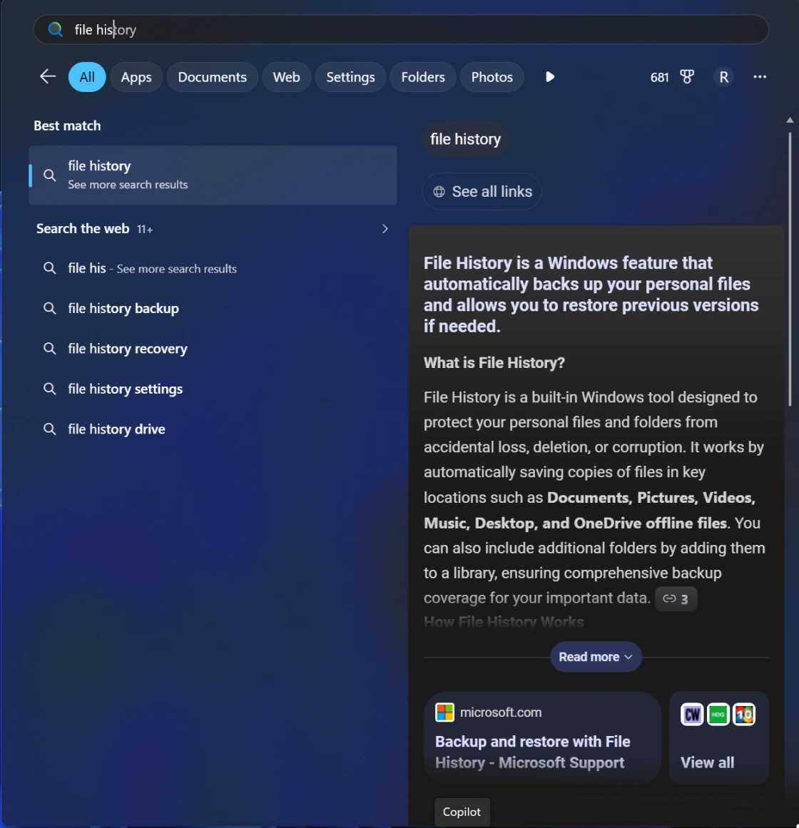 Searching for File History from the Windows 11 Start menu